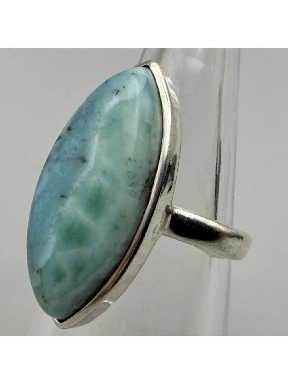Larimar Marquise Navette Cabochon Ring Marked 925 Sterling Silver Size 6.5